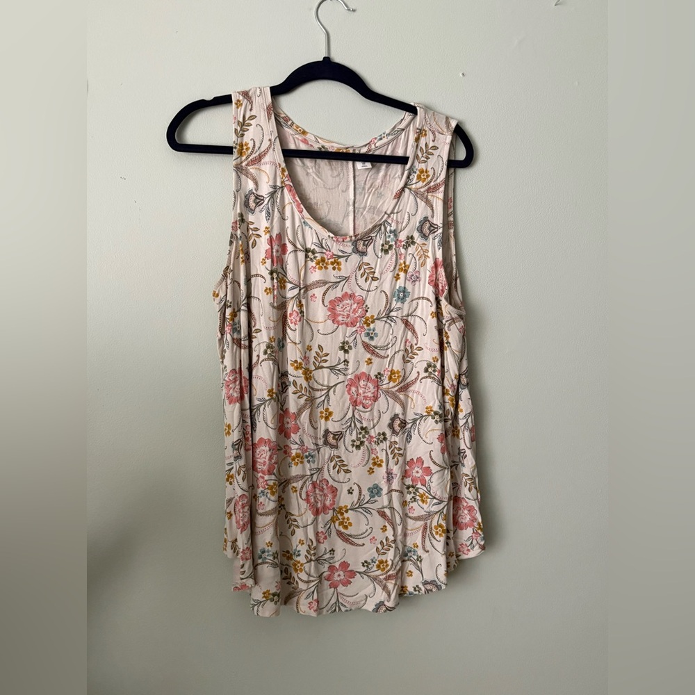 Old Navy Floral Print Cream Tan Sleeveless Relaxed Tank Top